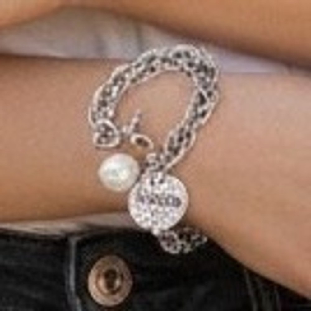 Atelier Charm Bracelet 8 Inch Silver Tone Blessed Disc Faux Pearl Jewelry - Picture 2 of 8